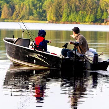 Father and son in boat on lake